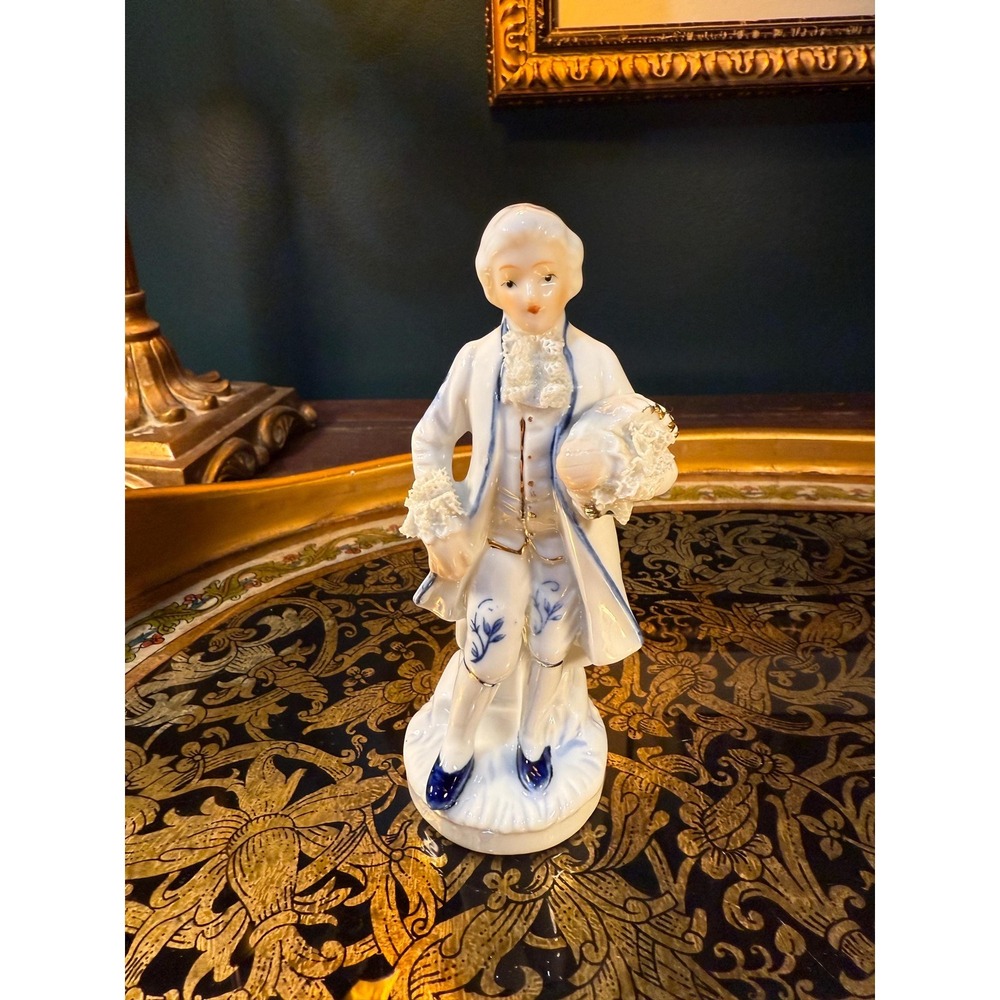 Vintage‎ Dresden-Style Porcelain Figurine – Blue & Gold Lace Detail Man, 6" Tall